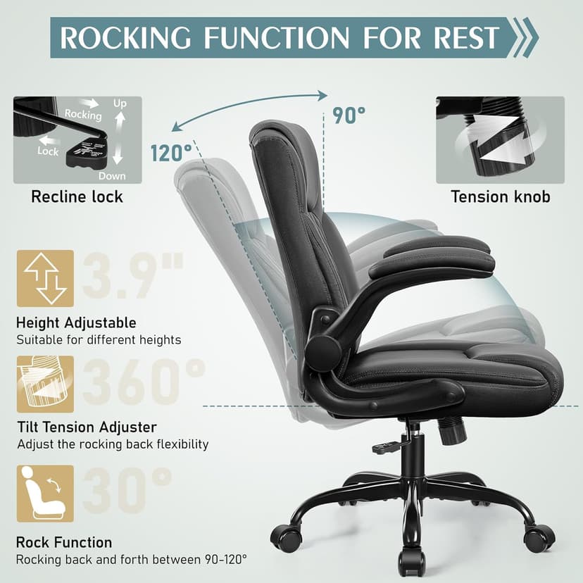 Leather Office Chair, PU Home Computer Desk Chairs with Ergonomic Back Support, 360°Swivel Free,Small Gmaing Chair with Wheels and Adjustable Armrests, for Short People Use, Black