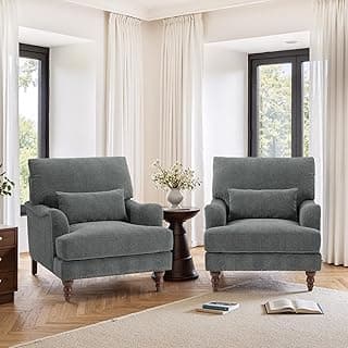 Accent Chairs Set of 2, Upholstered Roll Armchair for Living Room, Comfy Club Chair with Lumbar Pillow in Chenille Reading Chair for Bedroom Small Spaces-Gray