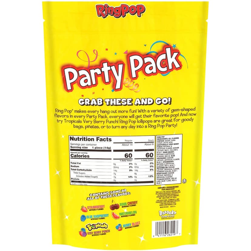 Ring Pop Candy, Christmas Lollipops, 20 Ct Party Favors in Assorted Fruity Flavors - Full Size, Bulk Variety Pack, Individually Wrapped Hard Candy For Stocking Stuffers, Holiday Gifts