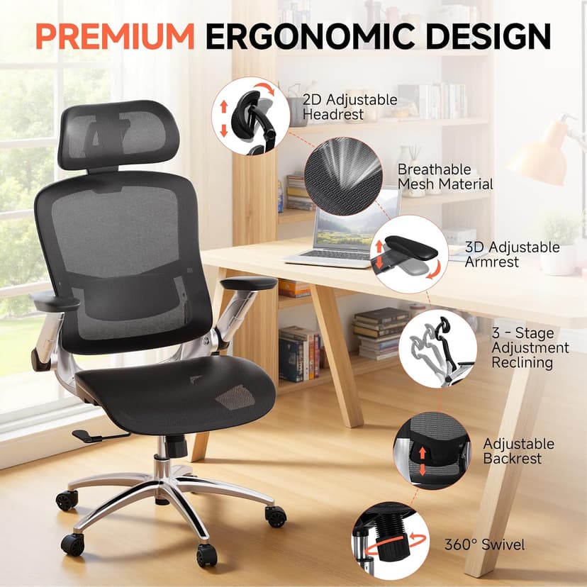 GTPLAYER Big and Tall Ergonomic Mesh Office Chair, High Back Home Desk Chair Computer Gaming Chair with Headrest, Flip-Up Arms, 90-125° Tilt Lock and Wide Cushion, Task Chair for Man Woman-Deep Black