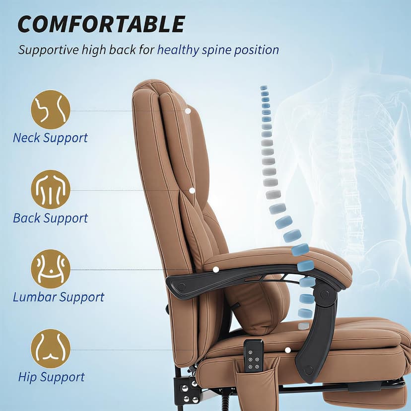 HOMCOM Massage Office Chair with Foot Rest and 6 Points Vibration, Executive Office Desk Chair with Scratch-Resistant Faux Leather, Reclining Back, Comfy Lumbar Support, Remote, Brown