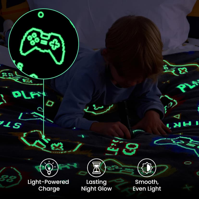 Joiedomi Glow in The Dark Gaming Blanket Gamer Gifts for Boys Age 2 3 4 5 6 7 8 9 10 11 12 Year Old, Soft Cozy Flannel Kids Throw Blanket, Birthday Bedroom Decor Grey 50"×60"