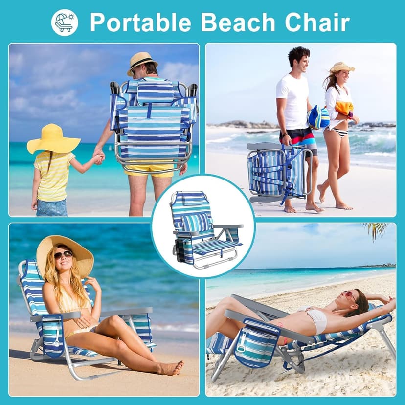 Suteck Backpack Beach Chairs for Adults, 5-Position Lay Flat Reclining Chair with Cooler Pouch, Cup Holder, Towel Bar, 2-Pack Portable Folding Beach Chair for Lawn Outdoor (1, Light Blue)