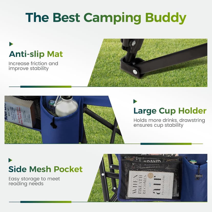 ALPHA CAMP Oversized Folding Camping Chairs High Backrest Heavy Duty Lawn Chairs for Adults Support 500 LBS Portable Camp Chairs with Cup Holders Large Side Pocket for Outdoor