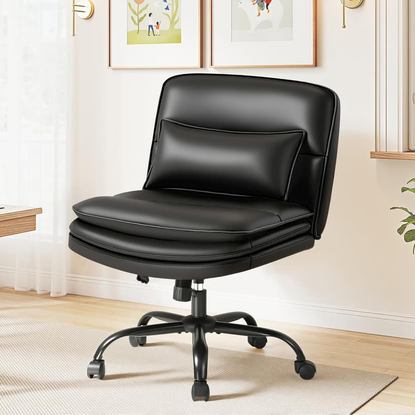 Furmax Criss Cross Legged Office Chair with Wheels, Armless Extra Wide Seat Swivel Desk Chair, Adjustable Height Comfy Task Chair with Thick Cushion for Home Office Bedroom Vanity (PU Leather, Black)