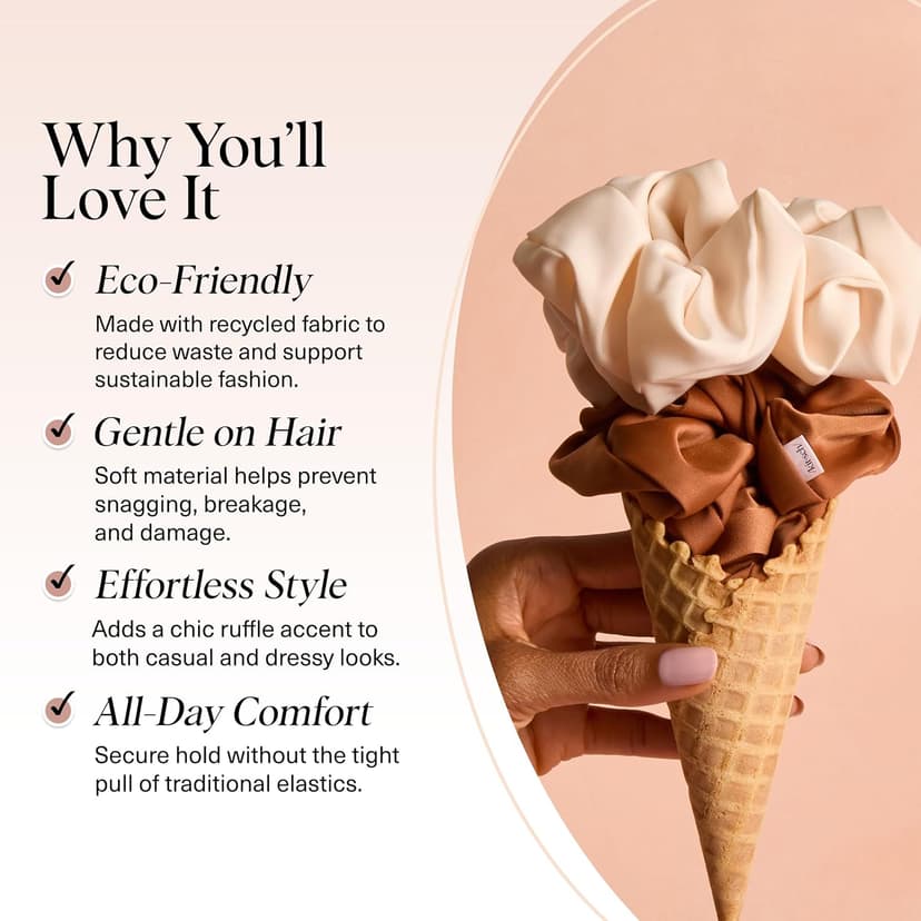 Kitsch Recycled Satin Oversized Scrunchies – Large Hair Scrunchies for Women, Eco-Friendly Hair Ties & Ponytail Holders | Ideal Gifts for Women - Camel & Cream, 2pc Set