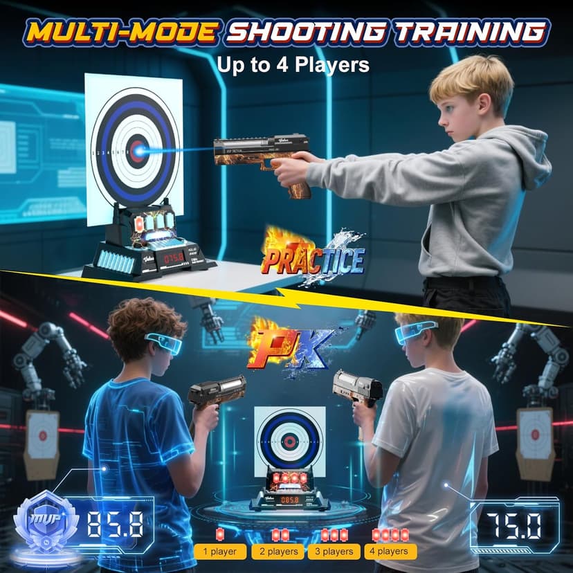 VATOS Smart Electronic Shooting Game Set with Auto-Scoring Target Base and Rechargeable Gun, Real-Time Voice Feedback, 4 Shooting Modes, Indoor Outdoor Toy for Teens Adults Family Party