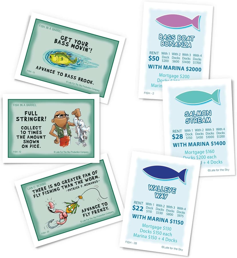 Funny property trading game for families and anglers Features quick or classic play modes and durable metal-style tokens Late for the Sky Fishin'-Opoly Board Game, 2-6 Players Strategy Fishing B000HI1QPI