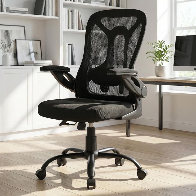 Ergonomic Office Chair, 300 lbs Heavy Duty Mesh Computer Chair with Adjustable Lumbar Support, 90° Flip-up Arms Space Saving Desk Chair, Mid Back Breathable Task Chair for Home Office, Black