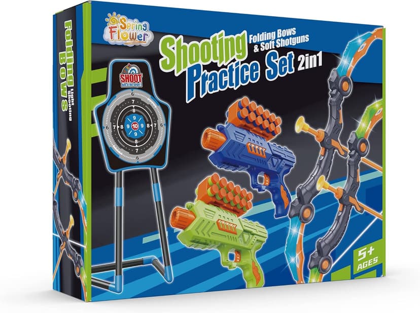 SpringFlower 2 Bow and Arrow Sets with LED Light-up,2 Foam Dart Guns for Kids 5 6 7 8 9 10+ Years Old, Archery Set with Standing Target for Boys & Girl, Ideal Gift