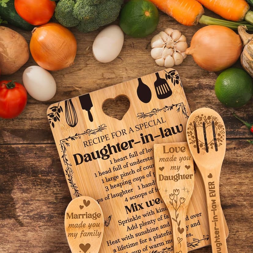 Gifts for Daughter in Law - "Recipe for a Special Daughter-in-Law" Daughter in Law Birthday Gifts Cutting Board Set, Bamboo-Made Engraved Utensil Set Christmas Gifts for Daughter in Law