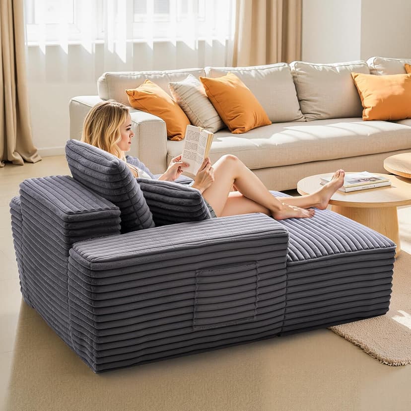 VEVOR Chaise Lounge Chair, 48 in Boneless Chaise Lounge Indoor, Modern Upholstered Oversized Reading Chair with Throw Pillows & Armrests, Sofa Couch Deep Seat Sleeper for Living Room, Bedroom, Balcony