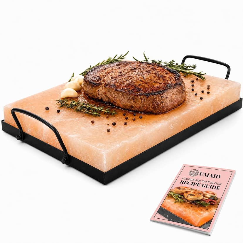 UMAID Himalayan Salt Block Cooking Plate 12x8x1.5 – Food Grade Pink Himalayan Salt Stone for Cooking, Grilling, Serving & Cutting – Includes Steel Tray & Grilling Recipe Booklet – Unique Gifts for Men & Women B07BB6HWT6