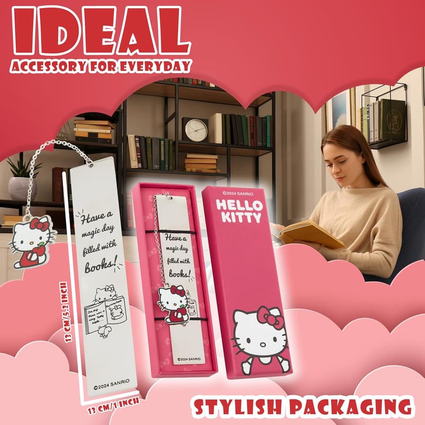 Hello Kitty Metal Bookmark with Hanging Charm Page Marker for Girls Teens Readers Book Accessories for Office Supplies and Book Lovers Gifts for Women
