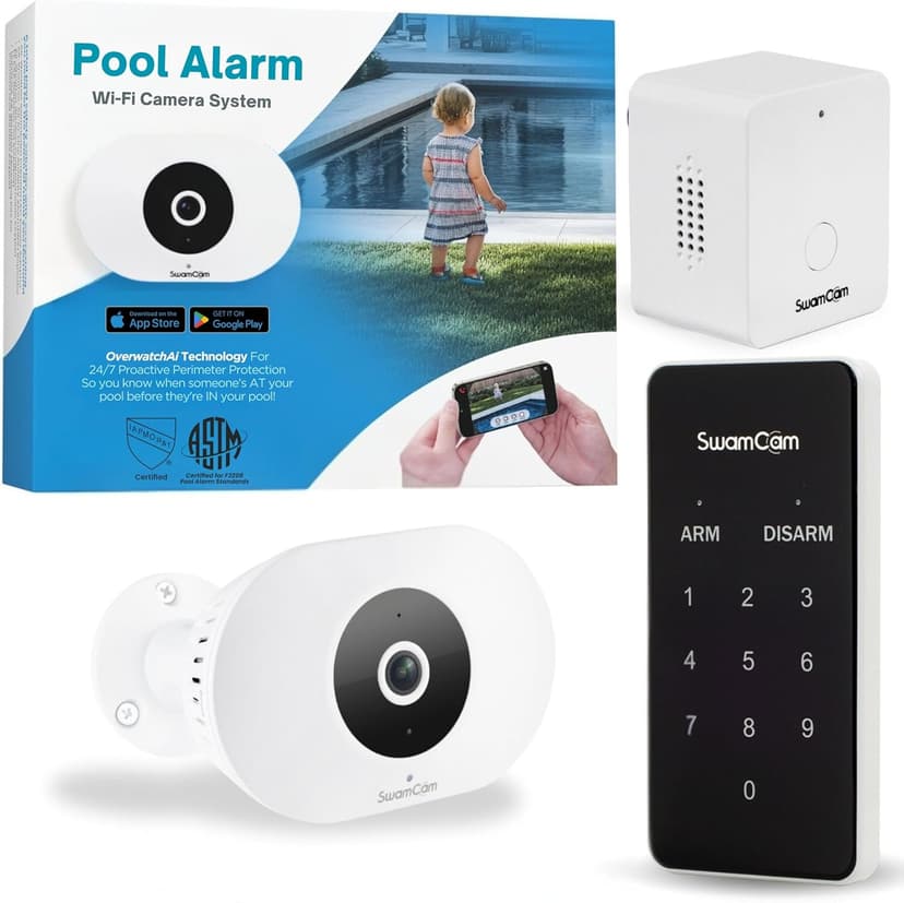 SwamCam Pool Alarm Wi-Fi Camera System – ASTM F2208 Certified – Smart Pool Safety for In-ground & Above-Ground Pools – Real-Time Alerts, Live View, Built-in Wi-Fi Repeater