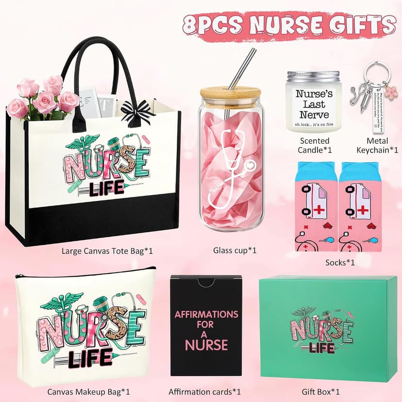 Nurses Week Gifts Birthday Gift for Nurses Gifts, Nursing Student with Canvas Bag Socks Affirmations Cards 16 Oz Can Glass DOGMEM Nurse Gifts Nurse Appreciation Gift Set for Women B0CY2C791K