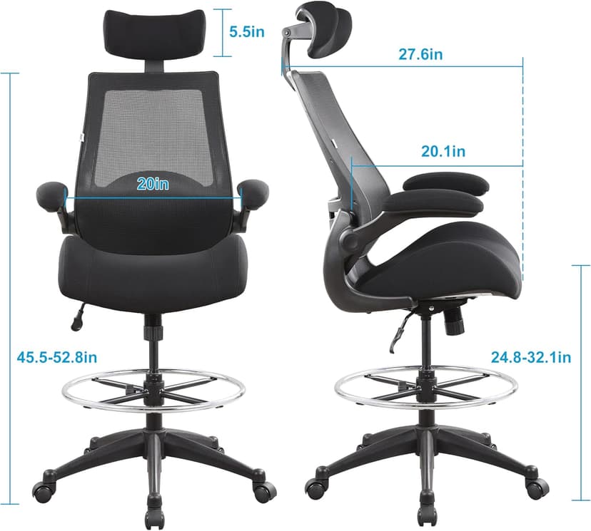 BOLISS Drafting Tall Office Chair 400lbs High Back Wide Standing Desk Chair Comfortable with Flip up Armrests Lumbar Support Adjustable Big Footrest Ring(Black)