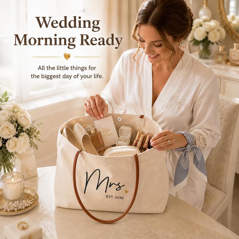 Engagement Gift for Bride, Wifey, Bachelorette Party Favors, Honeymoon, Wedding Essentials Bag with Leather Handle & Pocket Bridal Shower Gifts Bride Tote Bag for Bride to Be, Future Mrs B0GTV3F3QJ