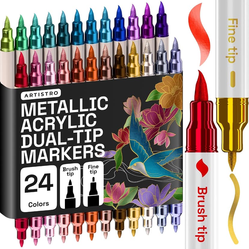 For Fabric, Rock, Glass, Wood, Arts & Crafts Gift for Adults, Teens & Kids, Pumpkin Decorating Kit & Halloween Crafts ARTISTRO 24 Metallic Dual-Tip Acrylic Paint Marker Pens for Drawing B0CZ14KD68