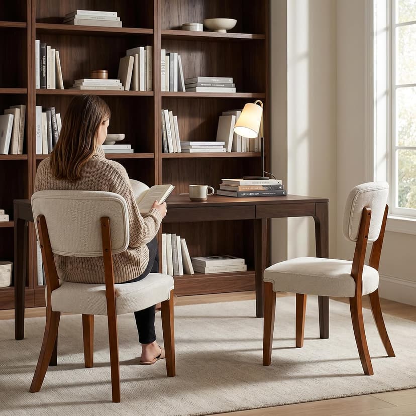 OVENTA Modern Armless Dining Chairs Set of 4, Mid-Century Contemporary Side Chairs with Solid Rubber Wood Legs, Beige Upholstered Fabric Accent Chairs for Dining Room, Kitchen, Living Room