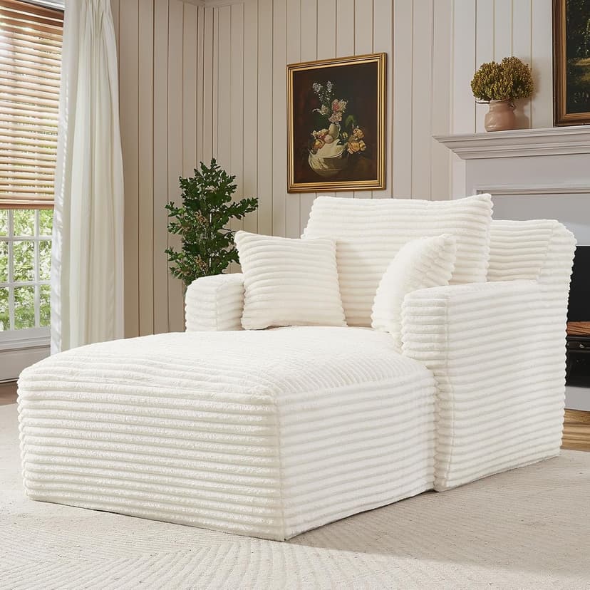 65.4" Chaise Lounge Chair Indoor, Corduroy Oversized Boneless Lounge Chair Single Sofa Bed with 3 Pillows, Deep Seat Comfy Upholstered Reading Chair for Living Room, Bedroom, Apartment Beige