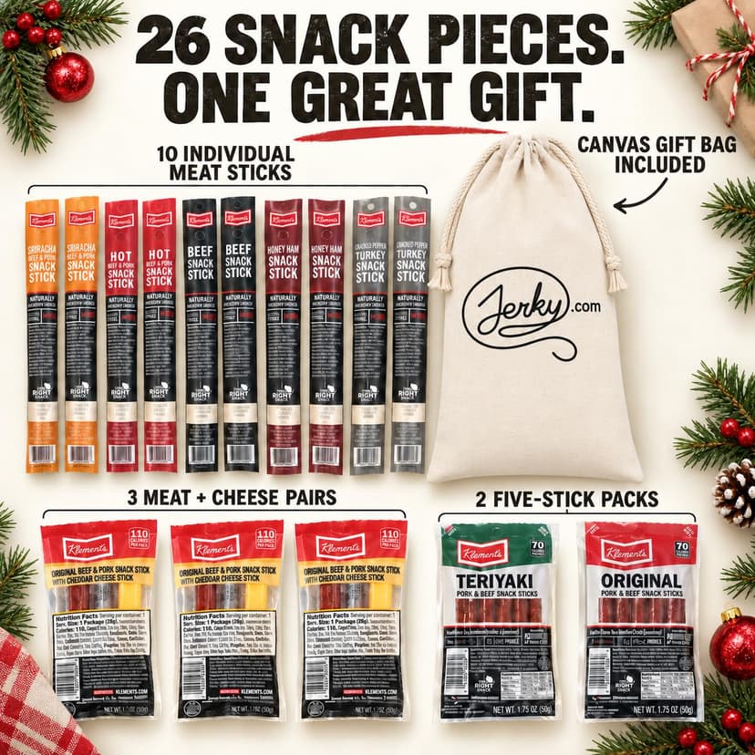 Jerky.com Gift Bag for Men | 26 Piece Meat Sticks Gift Basket with Beef Sticks, Pork, Turkey, Ham & Cheese Sticks | High Protein Snack Variety Pack | Gluten-Free Jerky Gifts for Men | Birthday Gift Basket for Him