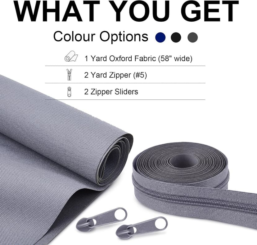 HunnmingRe 600D Waterproof Oxford Fabric with 2 Yard Zipper, 58" x 36" Outdoor Upholstery Fabric for Outdoor Cushion Cover Waterproof Canvas for DIY Patio Pillow Cover Furniture Covers(Gray)
