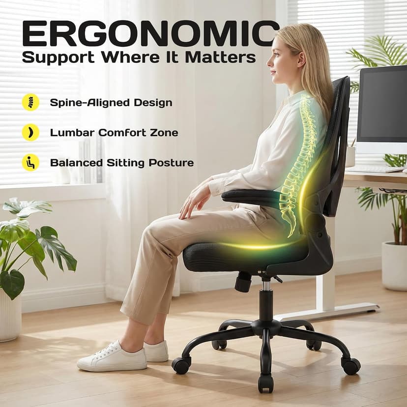 Ergonomic Office Chair, 300 lbs Heavy Duty Mesh Computer Chair with Adjustable Lumbar Support, 90° Flip-up Arms Space Saving Desk Chair, Mid Back Breathable Task Chair for Home Office, Black