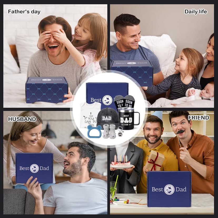 New Dad Gifts Box, 9 Pcs First Time Dad Gifts, Dad to Be Gifts for 1st Time with Tumbler Hat Onesie Socks Keychain for Baby Shower,Unique Kit for Soon to Be or Expecting Father