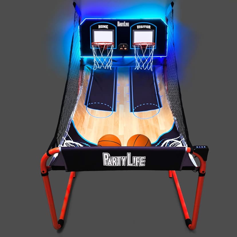 PartyLife 2-Player Basketball Arcade Game w/Optional LED Lights | Electronic Scoring | 5 Balls, 1 Pump, 8 Games | Folding Design | Heavy-Duty Steel Frame | Fun for Everyone - Choose Your Model