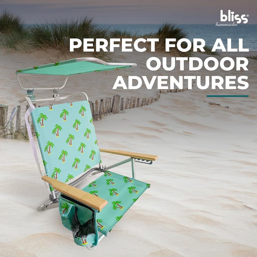 Bliss Hammocks Folding Beach Chair Recliner with Canopy Shade, Palm Tree
