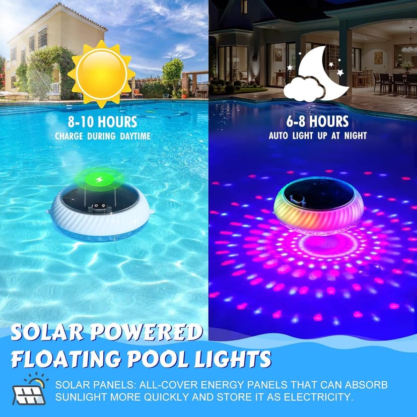 Floating Pool Lights Solar Charged, 7.6 Inch RGB Upper & Lower Color Changing Solar Pool Lights that Float with Dynamic Lighting Effects, IP68 Waterproof Floating Light for Pool Party Decor(1)
