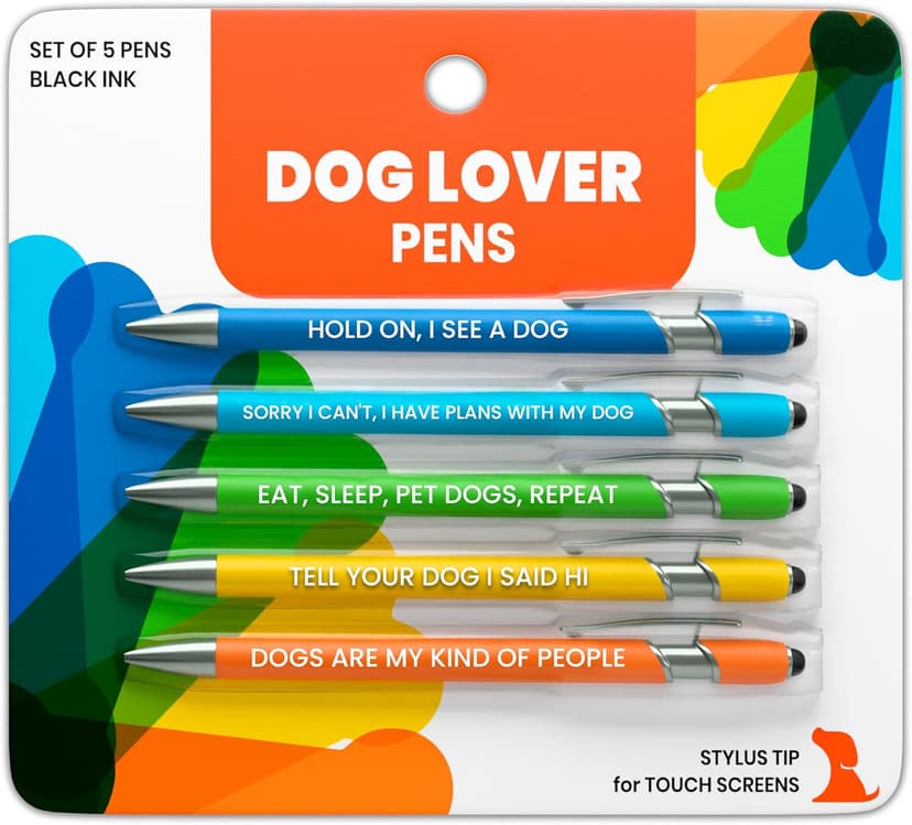 Smooth Writing, Metal Barrel, Doggy-Themed Quotes, Gift for Friends, Vet Tech, Pet Owner, Coworker, Birthdays Funny Dog Lover Gift Pen Set, 5 Black Ink Ballpoint Pens, Stylus Tip B0DBJFJ1KQ