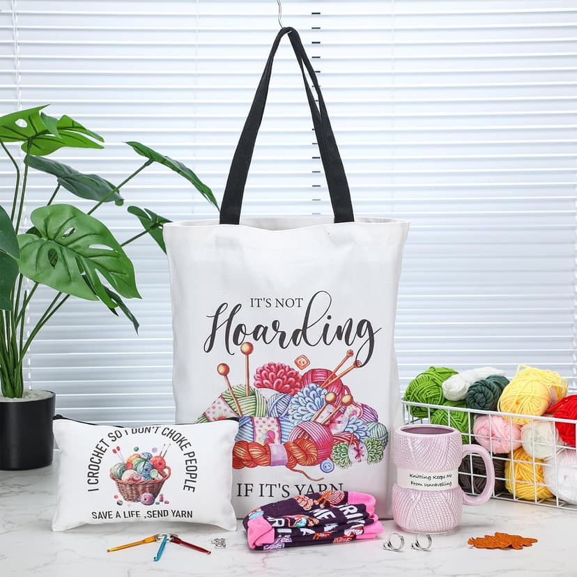 7 Pcs Crochet Knitter Gift Set Humorous Novelty Crochet Mug Mini Hooks Keychain Knitting Loop Ring Makeup Bag Handbag Sock for Women Christmas Beginner Lovers Gifts