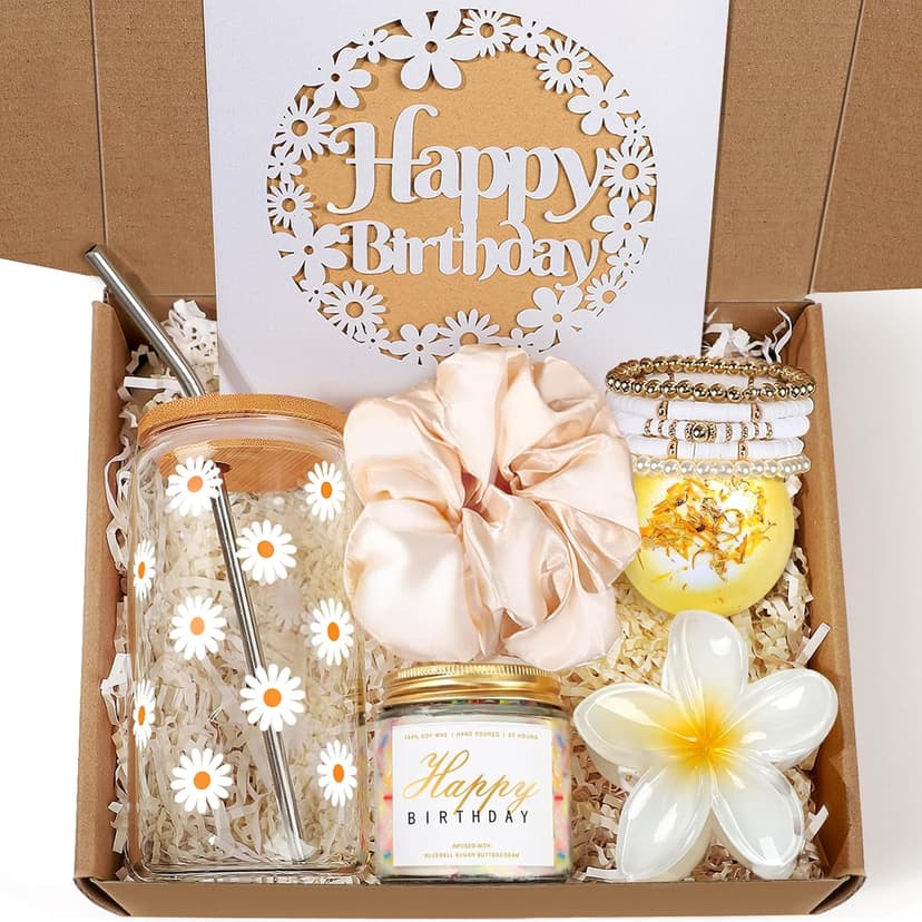 Birthday Gifts for Women, Teen Girl Gifts, Birthday Gifts for Her, Happy Bday Gift Box for Girl, Women, Sister, Daughter, Best Friend, Friendship, Cute Daisy Glass Cup Gifts Set 7PCS, 16oz, Beige