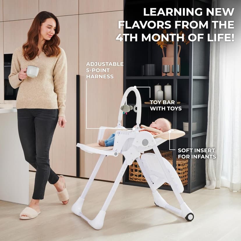 Kinderkraft Tummie, 2-in-1 high Chair, Baby Chair, Ergonomic, Comfortable, Reclining, Foldable, with Ajustable Height, Footrest, Detachable Tray, for Toddler, with Toys, Beige