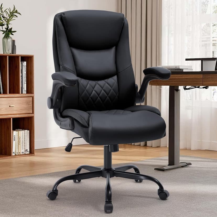 Office Chair, Executive Leather Office Chair with Lumbar Support & Flip-up Armrests, Ergonomic Adjustable High Back Swivel Chair with Rocking Function (Black)