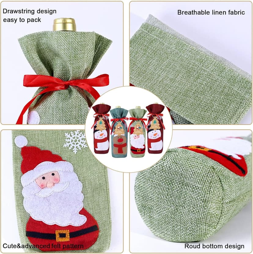 4pcs Christmas Wine Bottle Bags Burlap Wine Bottle Gift Bags with Drawstring, Reusable Santa Claus, Snowman & Reindeer Drawstring Covers for Xmas New Year Party Table Decoration