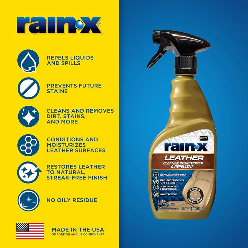 Rain-X 620236SRP Leather Cleaner Conditioner & Repellent for Car Interiors, Cleans + Repels while Moisturizing, Restores Leather to Natural, Fresh Scent without Residue 16 Fl Oz.