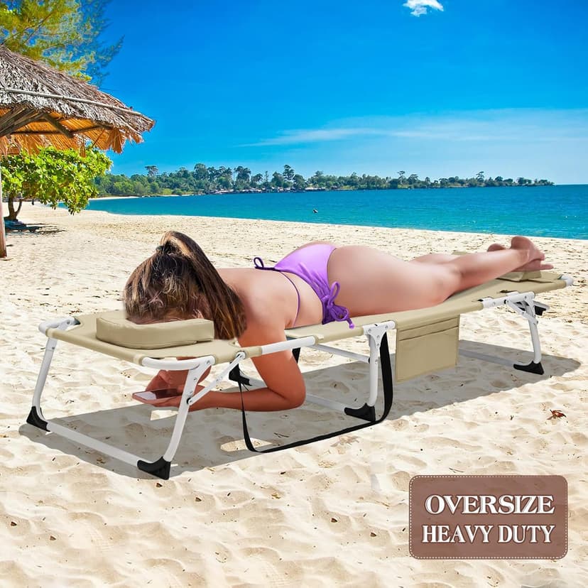 DoCred Heavy Duty XXL Tanning Chair with Face Hole&Mat, Oversized 5-Position Folding Chaise Lounge Chairs for Outside, Portable Beach Lounge Chair for Outdoor Sunbathing Beach Pool Lawn Camping