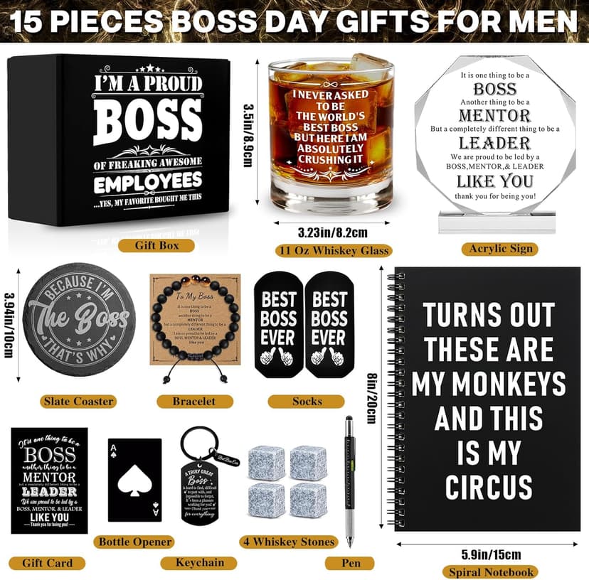 15 Pcs Boss Day Gifts for Men Whiskey Glass Set, Best Boss Ever Gifts with 11 Oz Whisky Glass Coaster Stones Socks Crystal Plaque Spiral Notebook Keychain, Bosses Inspirational Gift from Employees