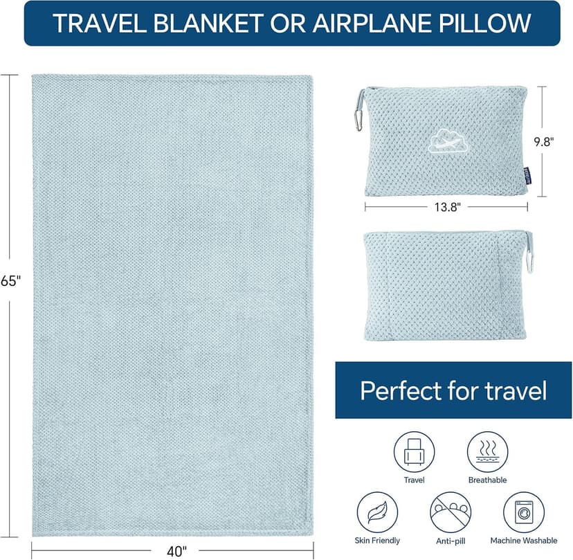 Ultra-soft Airplane Blanket, Luggage Sleeve & Backpack Clip, Travel Essentials for Women, Foldable as Pillow for Long Flight BEDELITE Travel Blanket with Bag, Jacquard Fleece Blanket 65"x40", Blue B0CNJS15T4