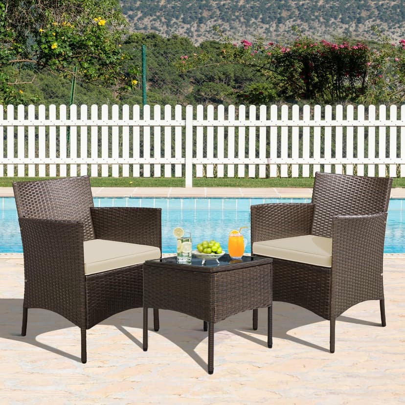 Yaheetech 3 Pieces Patio Porch Furniture Set, Outdoor PE Rattan Wicker Conversation Set with Soft Cushions, Glass Coffee Table & 2 Chairs for Garden/Deck/Courtyard/Poolside, Brown/Khaki
