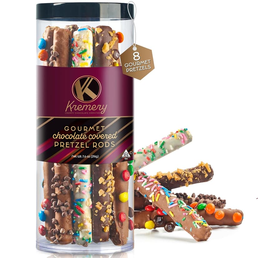 KREMERY Creamy Chocolate Cravings - Holiday Christmas Chocolate Covered Pretzel Rods Gift Basket, in Clear Tube (8 Pretzels, Assorted Sweet Toppings) Xmas Treats Food Arrangement, Kosher