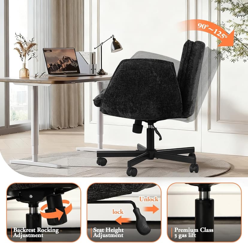 Criss Cross Chair with Wheels & Arms, Chenille Cross Legged Office Chair with 5-level Folding Armrest, Comfortable Adjustable Swivel Vanity Chair for Home, Make Up, Bed Room, Office, Accent (Black).
