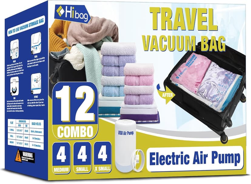 HIBAG Travel Vacuum Bags with Electric Pump for Luggage and Suitcase, Vacuum Seal Compression Packing Bags for Clothes Clothing, Combo 12 Pack