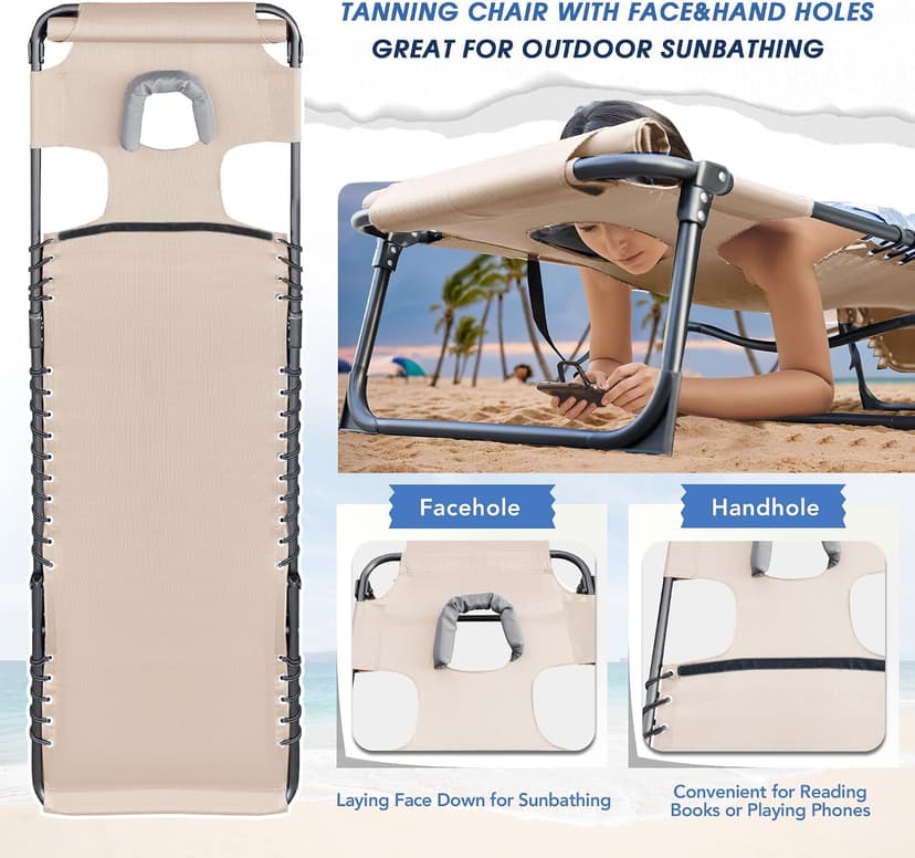 Flamaker Face Down Chaise Lounge Chair 5-Position Adjustable Sunbathing, Foldable Tanning Chair with Face& Arm Holes, Outdoor Recliner Chair for Pool, Beach, Patio, Lawn (Beige, 1 Pcs)