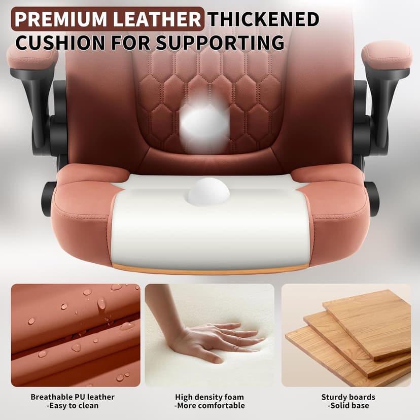 Executive Office Chair PU,Leather Office Chair with Wheels,360° Swivel Rolling Chair with Padded Arms,Ergonomic Computer Chair with Lumbar Support for Short People Use(Brown)