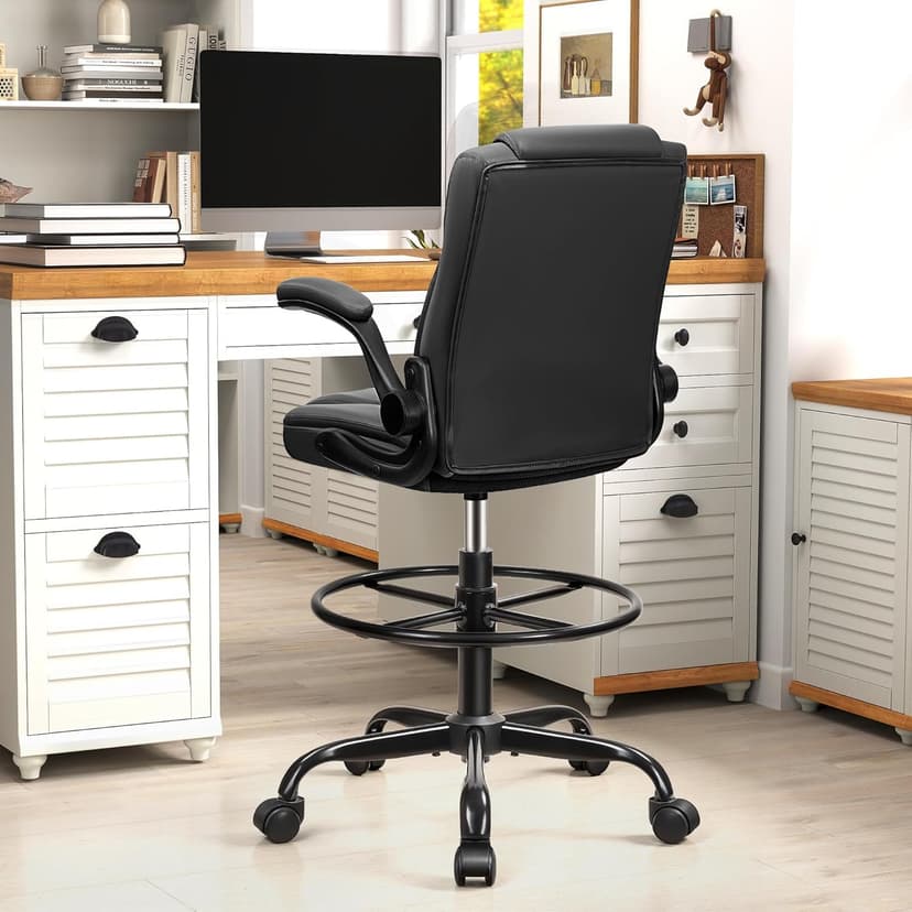 Drafting Chair,Tall Office Chair for Standing Desk,High Executive Leather Ergonomic Computer Chair with Adjustable Height and Flip-Up Armrest for Counter Height Desk,Black