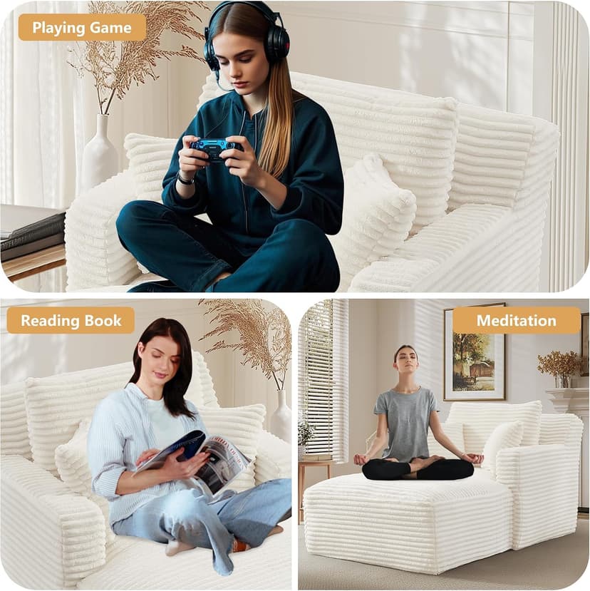 65.4" Chaise Lounge Chair Indoor, Corduroy Oversized Boneless Lounge Chair Single Sofa Bed with 3 Pillows, Deep Seat Comfy Upholstered Reading Chair for Living Room, Bedroom, Apartment Beige